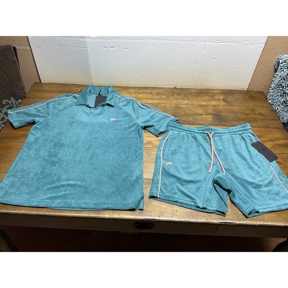 Fabletics Men’s S/S Shirt The Island Terry Polo Teal With Pink Set Size M NWT
